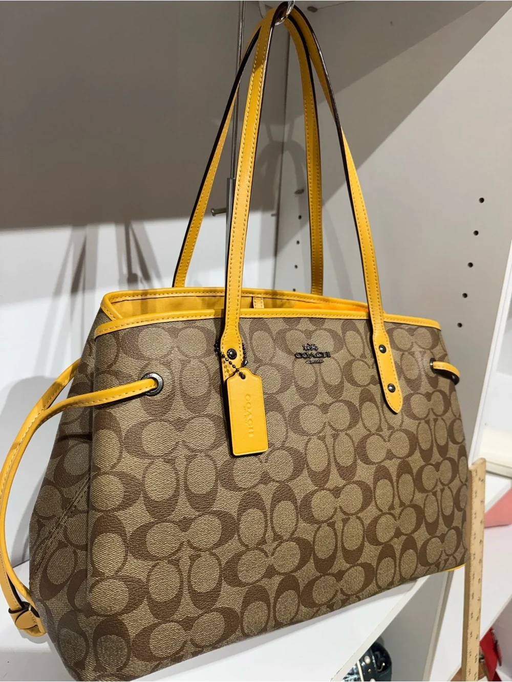 Coach Beige Signature Canvas Satchel with Yellow Trim